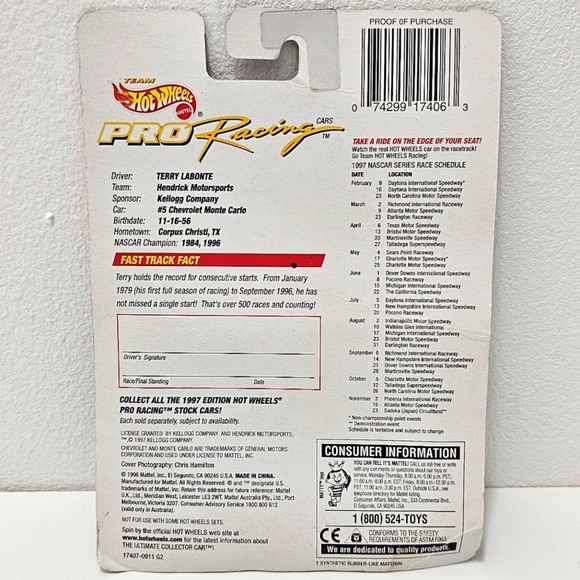 HOT WHEELS Pro-Racing Terry Labonte Collector 1997 1st Edition Car Model - Picture 12 of 16